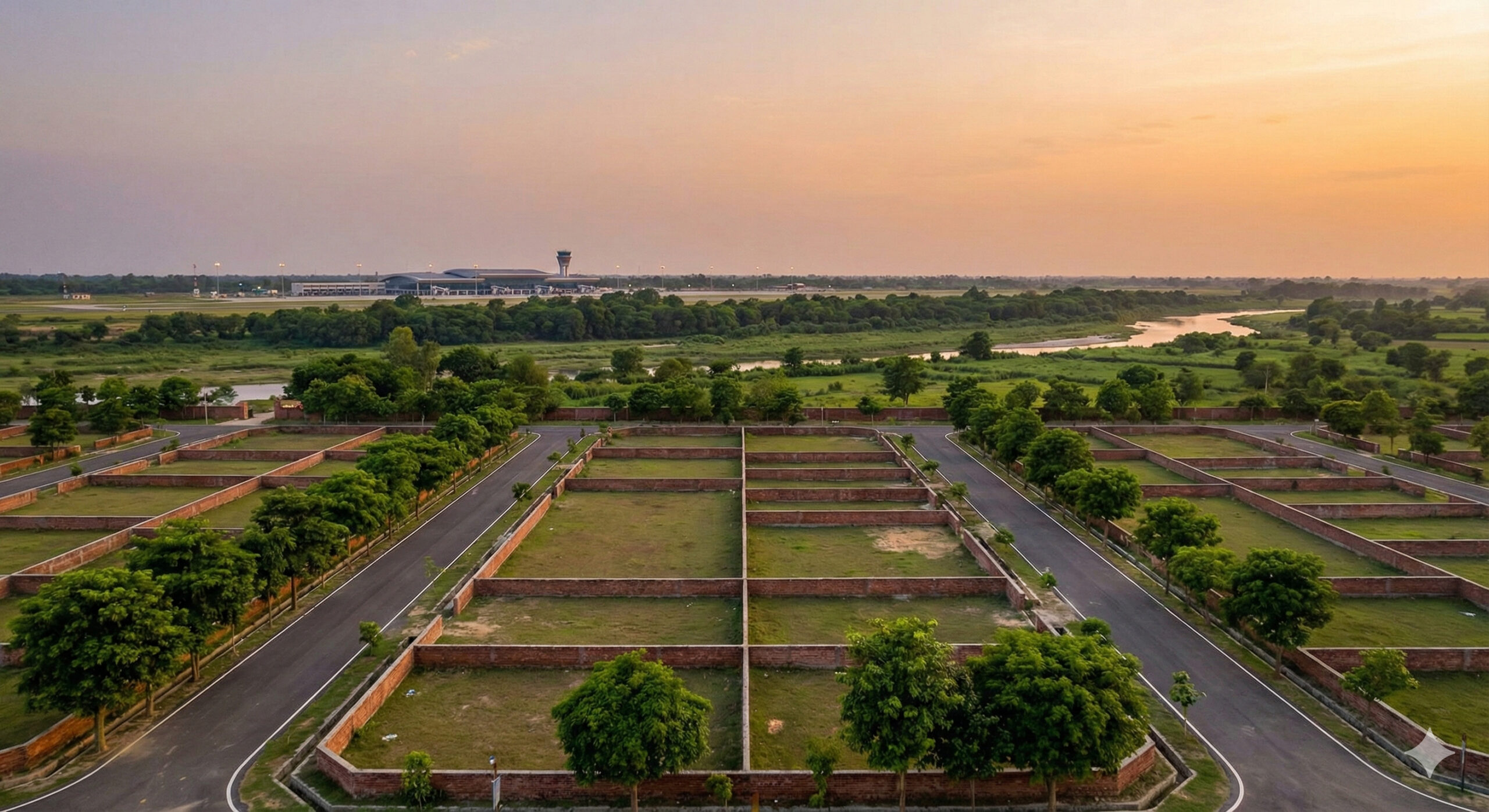 A serene aerial view of HoABL Ayodhya plots with green landscapes and smooth internal roads.