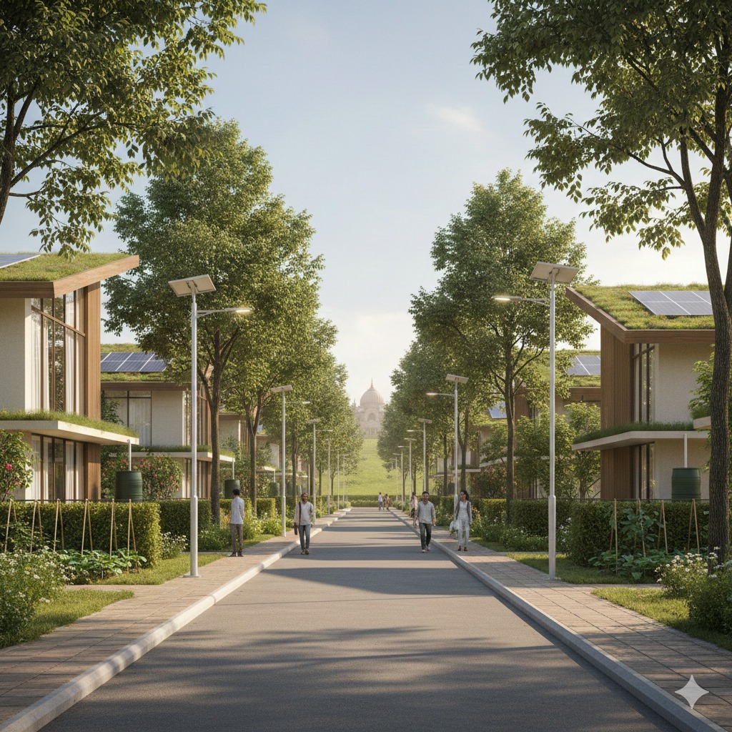 A calm, green streetscape inside Sarayu Ayodhya Plots