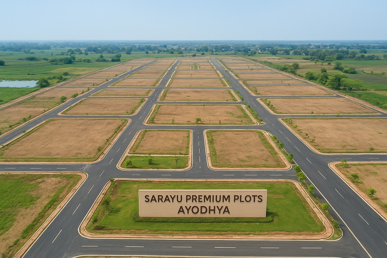 Aerial layout view of Sarayu Premium Plots Ayodhya featuring well-developed internal roads and plotted land.